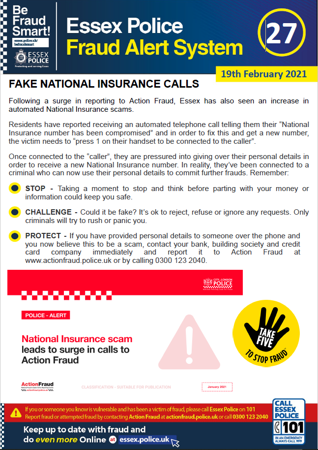 Essex Fraud Alert 27 - Fake National Insurance Calls