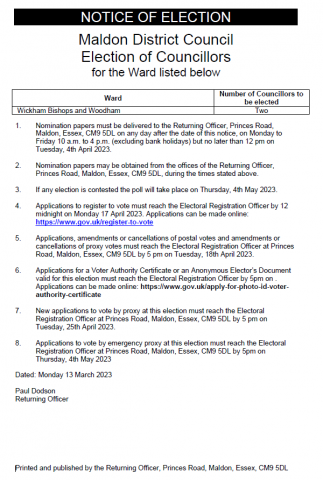 Notice of Election Maldon District Council.Wickham Bishops and Woodham Ward