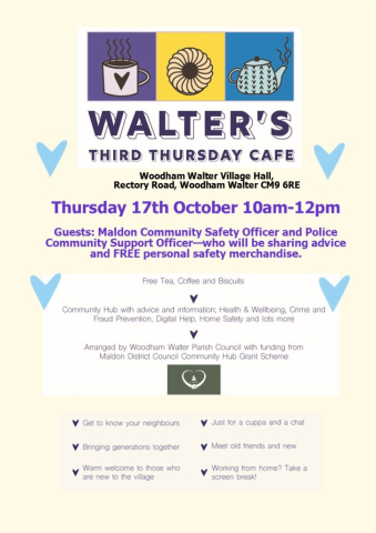 Walter's Cafe - 17th October 2024 10am-12pm at Woodham Walter Village Hall