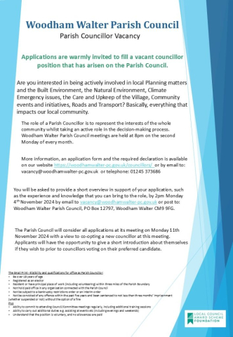 vacancy for a parish councillor for Woodham Walter Parish Council. Deadline 4th November 2024.