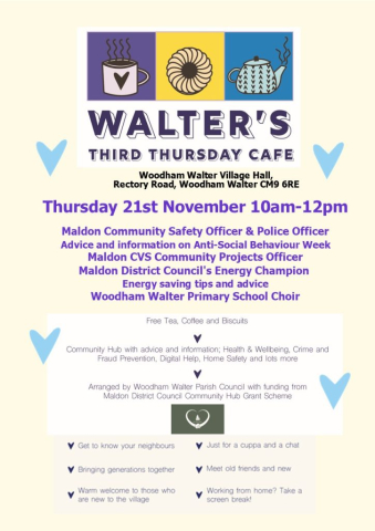 Walter's Cafe Poster 21st November 24 10am-12pm at Woodham Walter Village Hall
