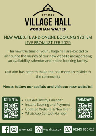 Woodham Walter Village Hall flyer with information about new website, booking system and branding.