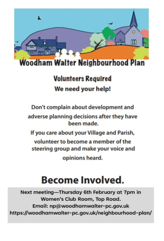 Neighbourhood Plan Meeting February 6th at 7pm in Women's Club, Top Road, Woodham Walter