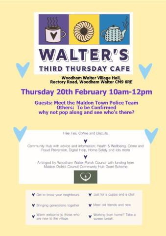 Walter's Community Café Thursday February20th from 10am-12pm at Woodham Walter Village Hall, Rectory Road. All welcome.