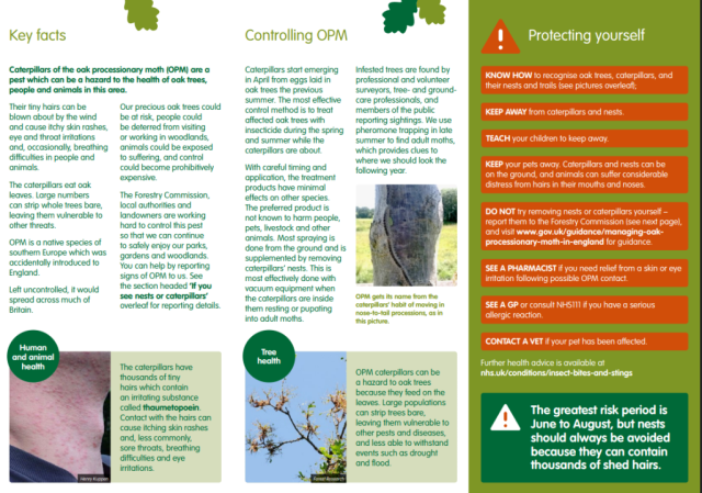 Oak Processionary Moth Information Leaflet Page 2 of 2 with key facts and information on controlling OPM and protecting yourself.