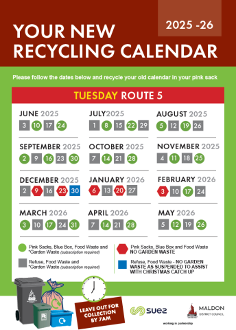 Recycling Calendar from Maldon District Council - Tuesday - Route 5 including Woodham Walter June 2025-May 2026
