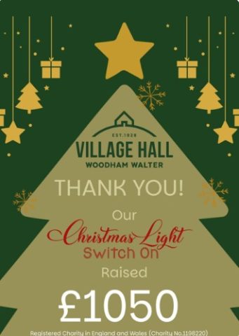 Image from Woodham Walter Village Hall Christmas Event thanks showing total raised £1050