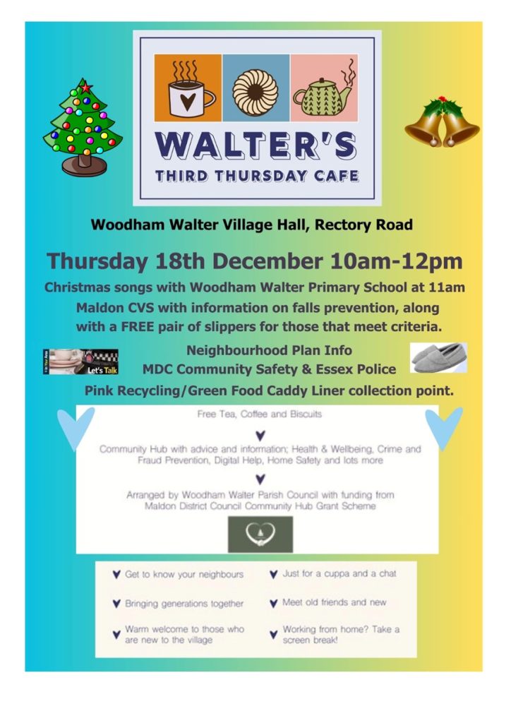 Poster advertising Walter's Community Cafe on Thursday 18th December 2025 from 10 to 12 at Woodham Walter Village Hall.
