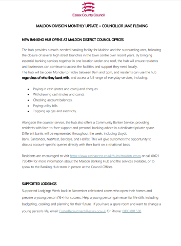 Document from County Councillor Jane Fleming with a Monthly Division Update March 2026