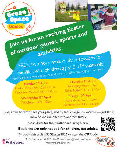 Poster advertising FREE two hour multi-activity sessions for families with children aged 3-11 at Bell Meadow in Woodham Walter on Tuesday 7th April from 1.15-3.15pm