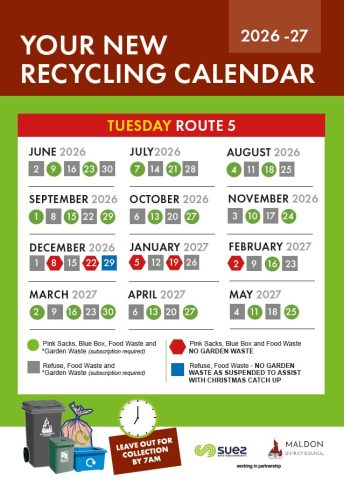 Image with the Maldon District Council Tuesday Route 2 (Woodham Walter) 2026 2027 Waste and Recycling calendar
