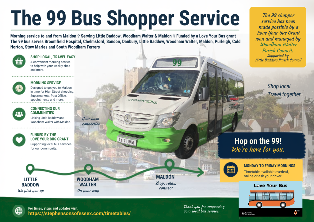 Flyer with information about the 99 bus shopper service for Woodham Walter