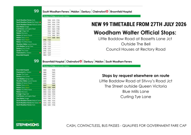 99 bus timetable including Woodham Walter stops