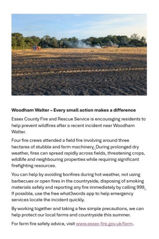 Image with information from Essex County fire and Rescue Service regarding a field Fire Woodham Walter