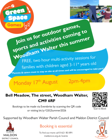 Poster advertising Green Space Games at Bell Meadow in Woodham Walter on Monday 17th August from 2-4pm